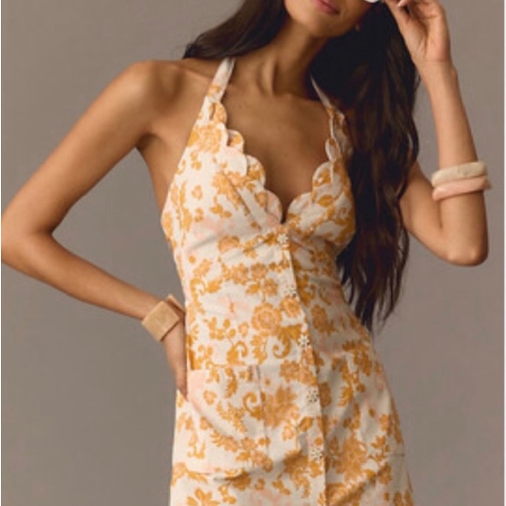 NWT ANTHROPOLOGIE MAEVE V Neck Scalloped Mini Halter Dress Size 8
